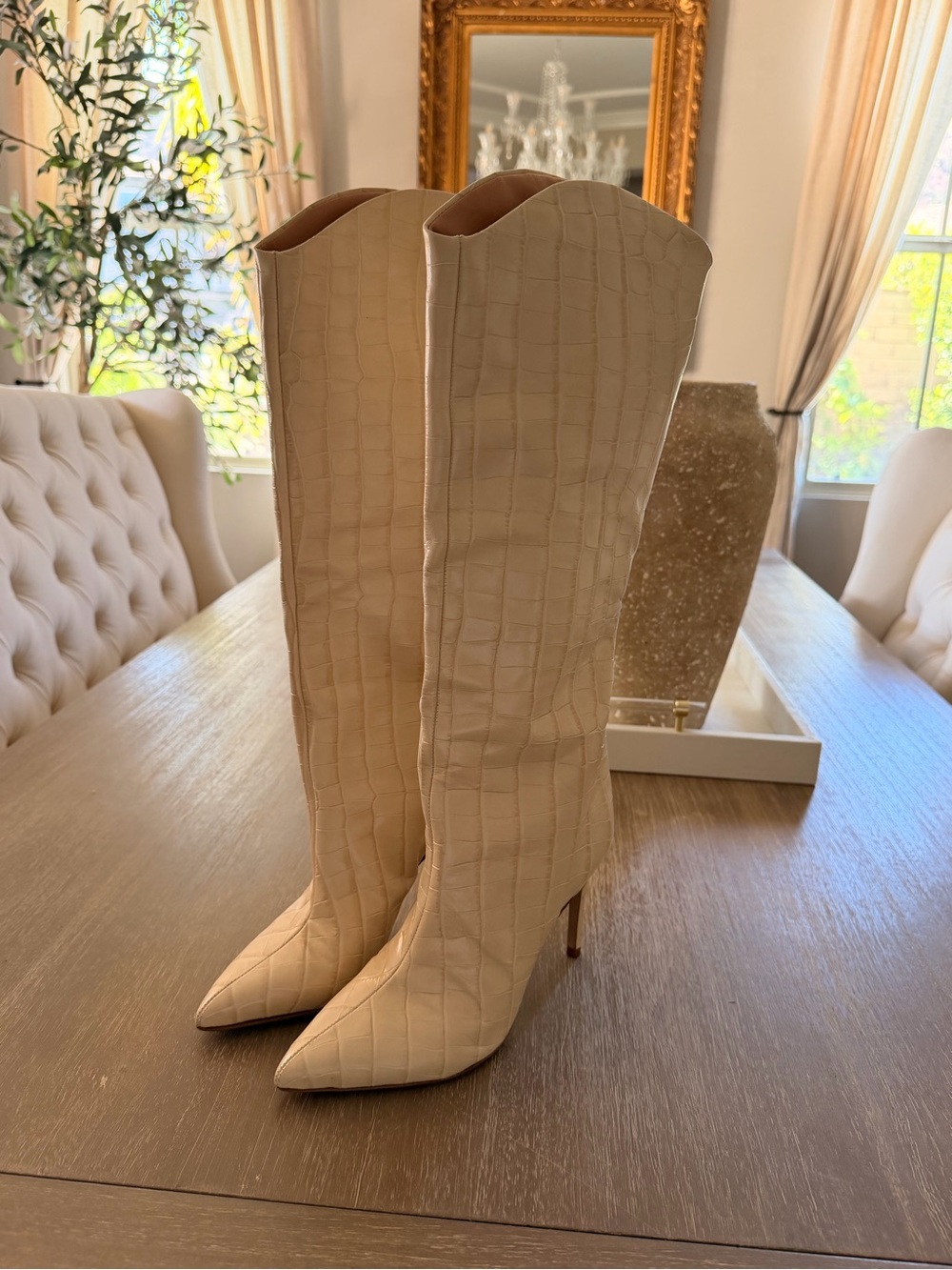 SCHUTZ Cream Croc-Embossed Over-the-Knee Pointed Stiletto Boots